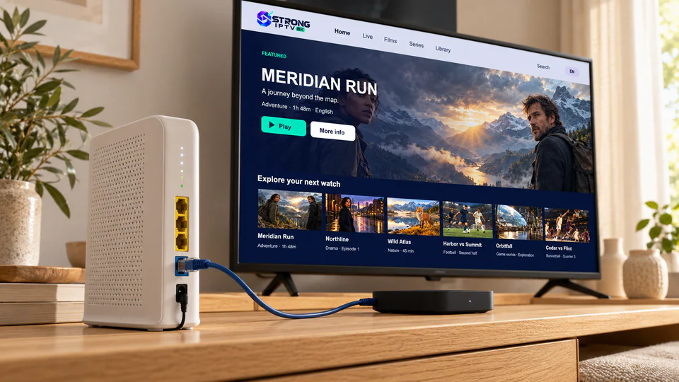 An Ethernet cable connects a home router to a streaming device beside a TV showing Strong IPTV