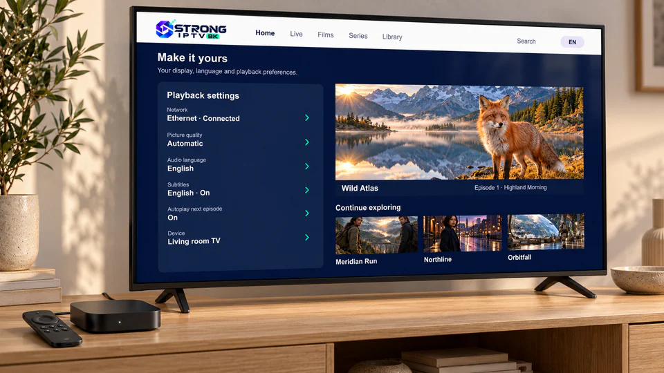 A remote and a streaming device beside a TV showing Strong IPTV playback settings
