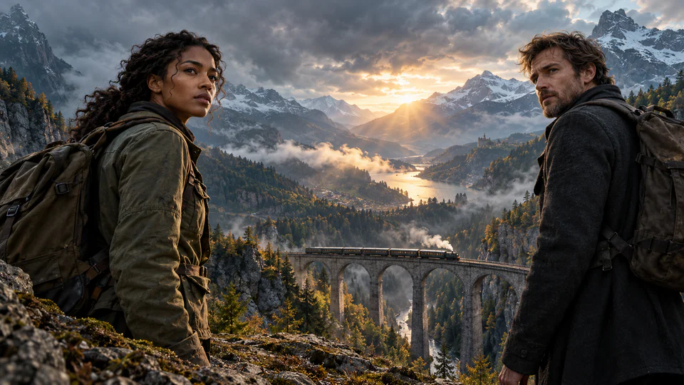 Two fictional explorers cross a mountain viaduct at sunrise in original cinematic artwork.