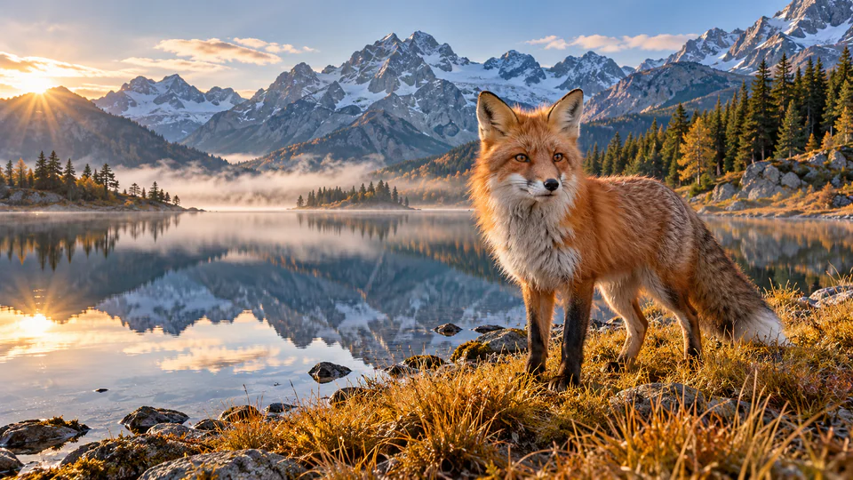 A red fox stands among autumn grasses beside a clear mountain lake.