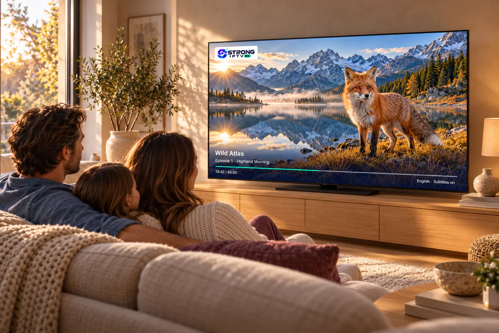 A family relaxes on the sofa while a nature documentary plays on their living-room TV