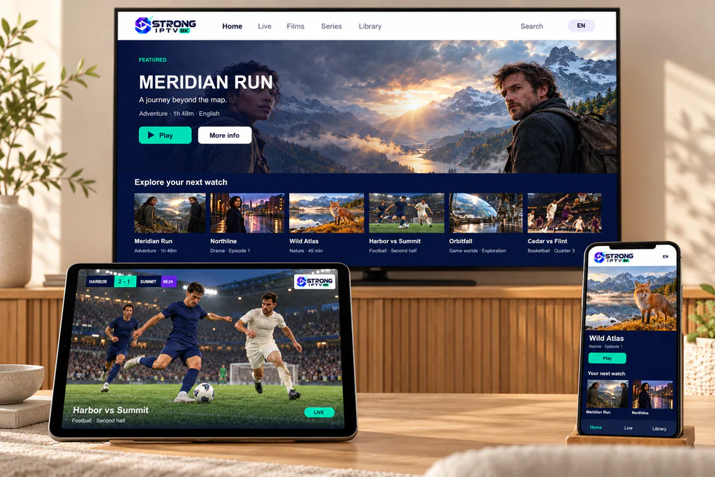 A TV, tablet and phone showing the Strong IPTV film library and a live soccer match