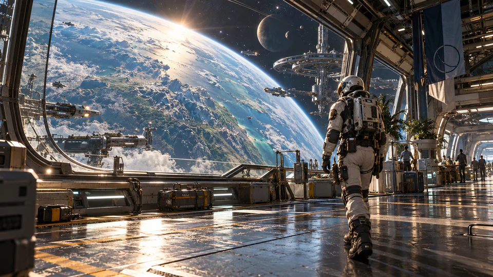 An original science-fiction game scene shows an explorer crossing a detailed orbital station.