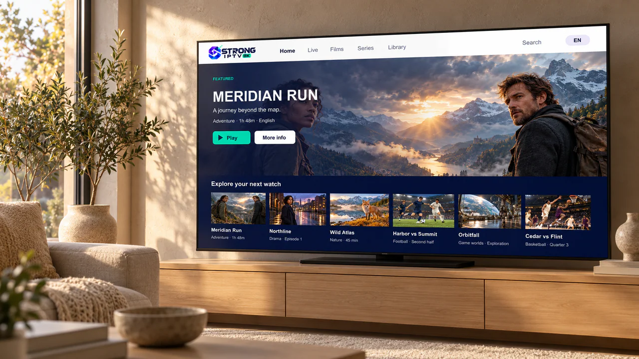 The Strong IPTV app library on a large living-room TV above an oak media console