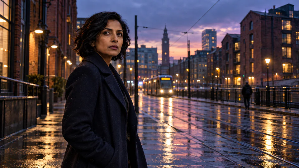 A fictional investigator stands on a rain-soaked city street at dusk.