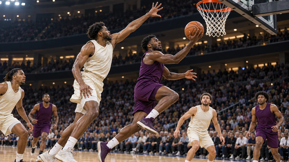 Fictional basketball players in plum and cream uniforms compete under an arena basket