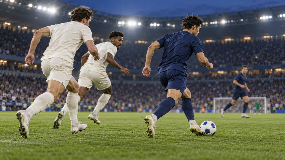 Fictional football players in plain navy and off-white kits race for the ball under stadium lights.