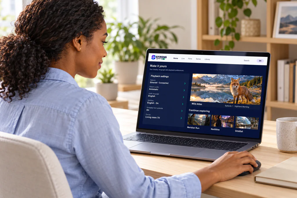 A support specialist checks playback preferences on a laptop in a bright home office