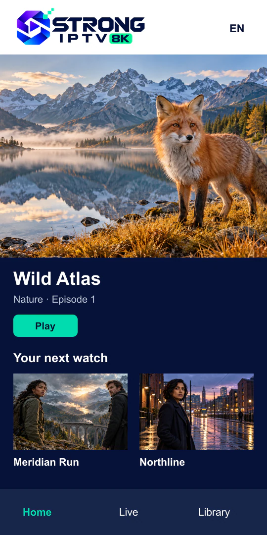 A phone screen showing the Strong IPTV library with a nature documentary and two films