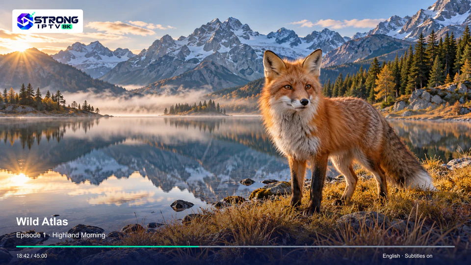 The Strong IPTV player showing a fox documentary with episode information and playback progress