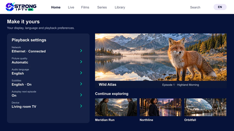 Strong IPTV settings screen with picture quality, audio language and subtitle options