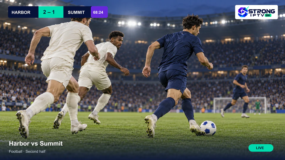 The Strong IPTV player showing an original fictional soccer match with a score graphic