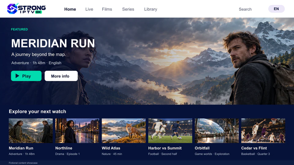 The Strong IPTV library screen with a featured title and a row of six original programs